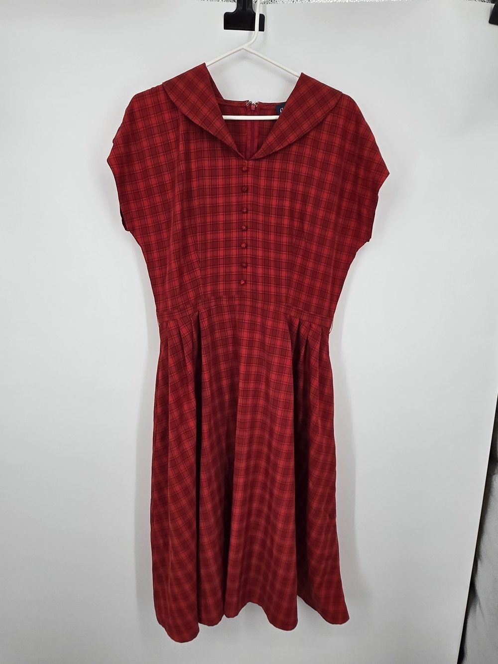 Collectif Red Plaid Sailor-Collar Midi Dress Large